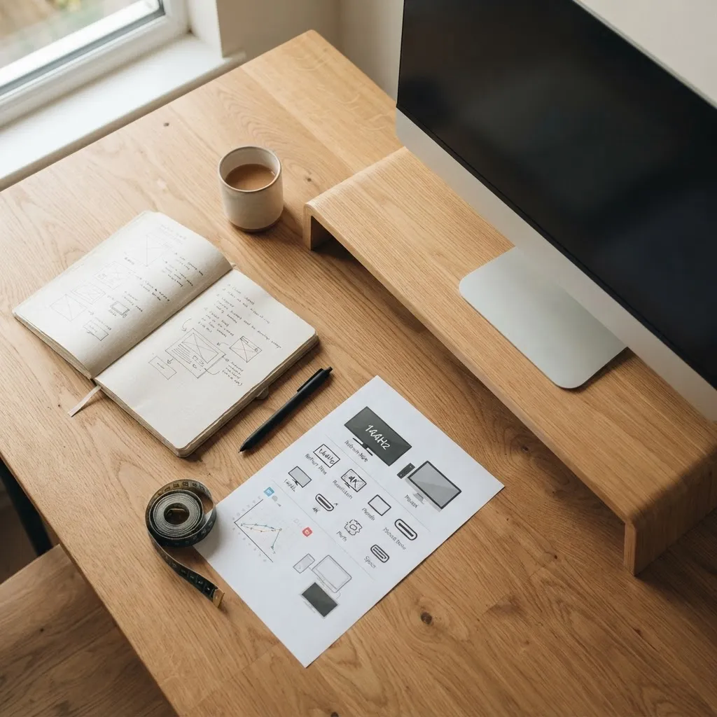 Flat lay of a monitor buying checklist with notebook and measuring tape
