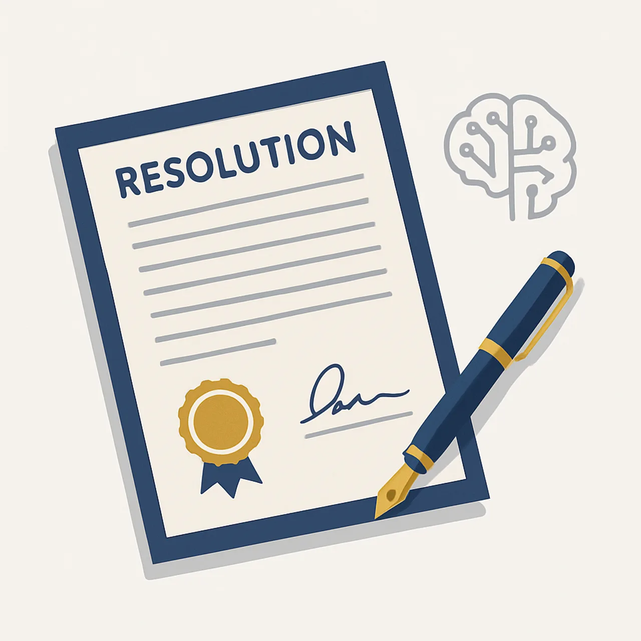 Formal legal resolution document on a desk with an AI brain icon