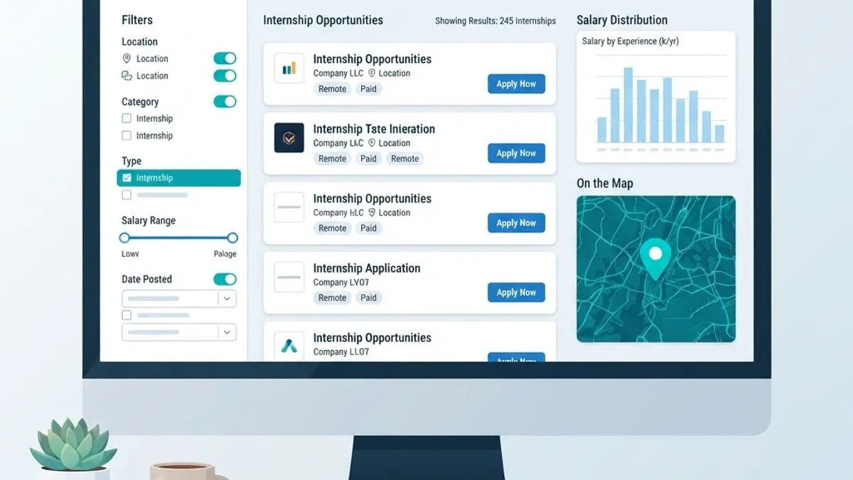 Job aggregator dashboard showing internship listings, filters and salary chart
