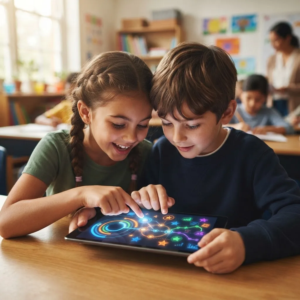 Two students sharing a tablet showing an adaptive learning progress interface