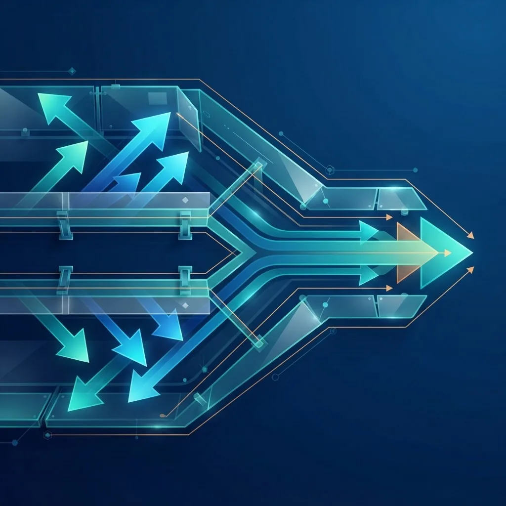 Converging geometric arrows inside a translucent guardrail structure illustrating AI alignment research