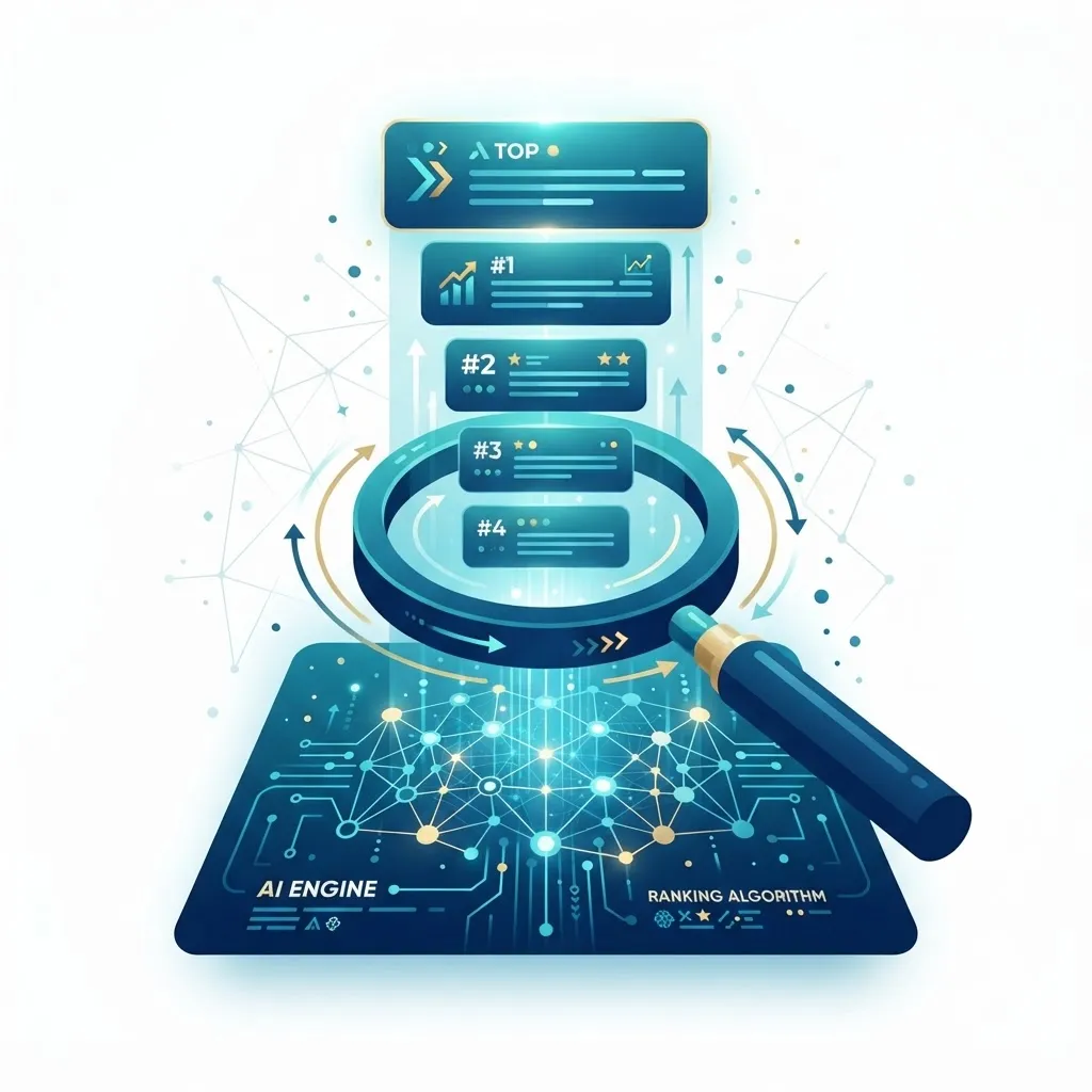 AI archive search optimization with magnifying glass and ranked results