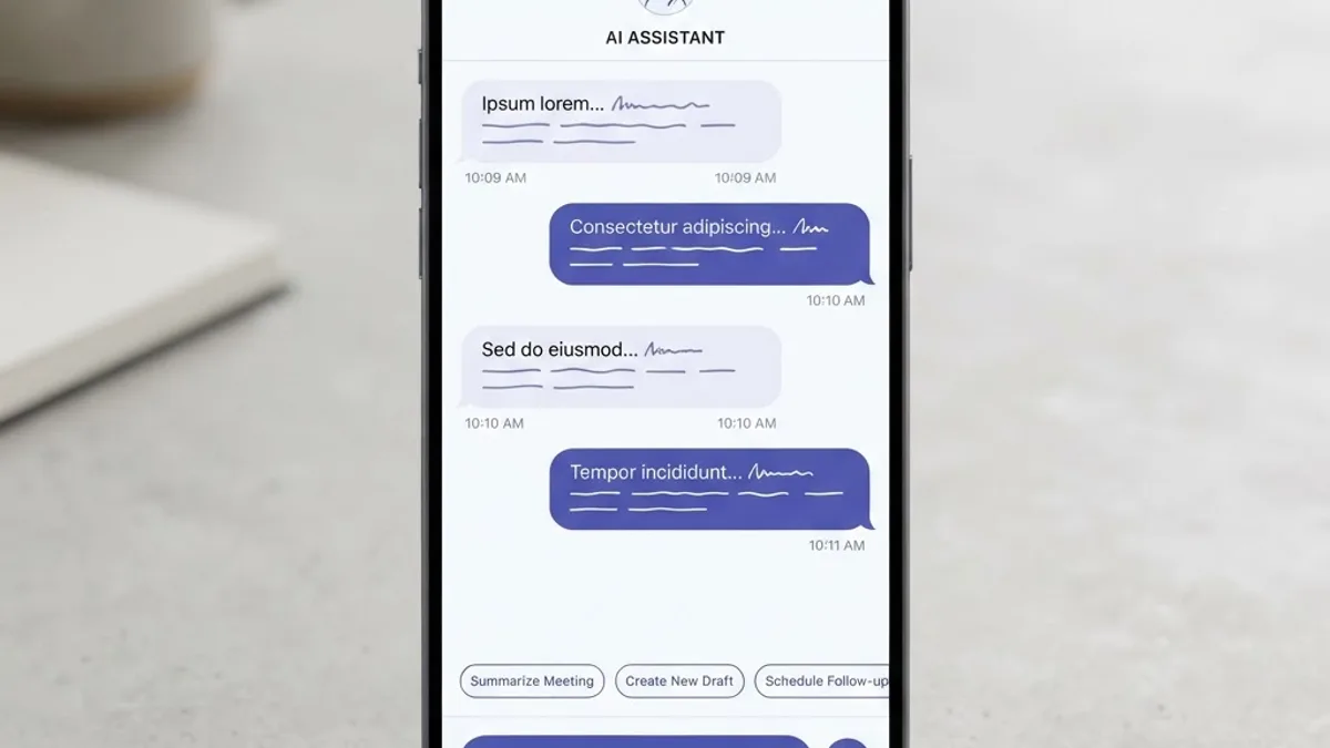 Minimal AI assistant chat interface mockup with message bubbles and suggestion chips