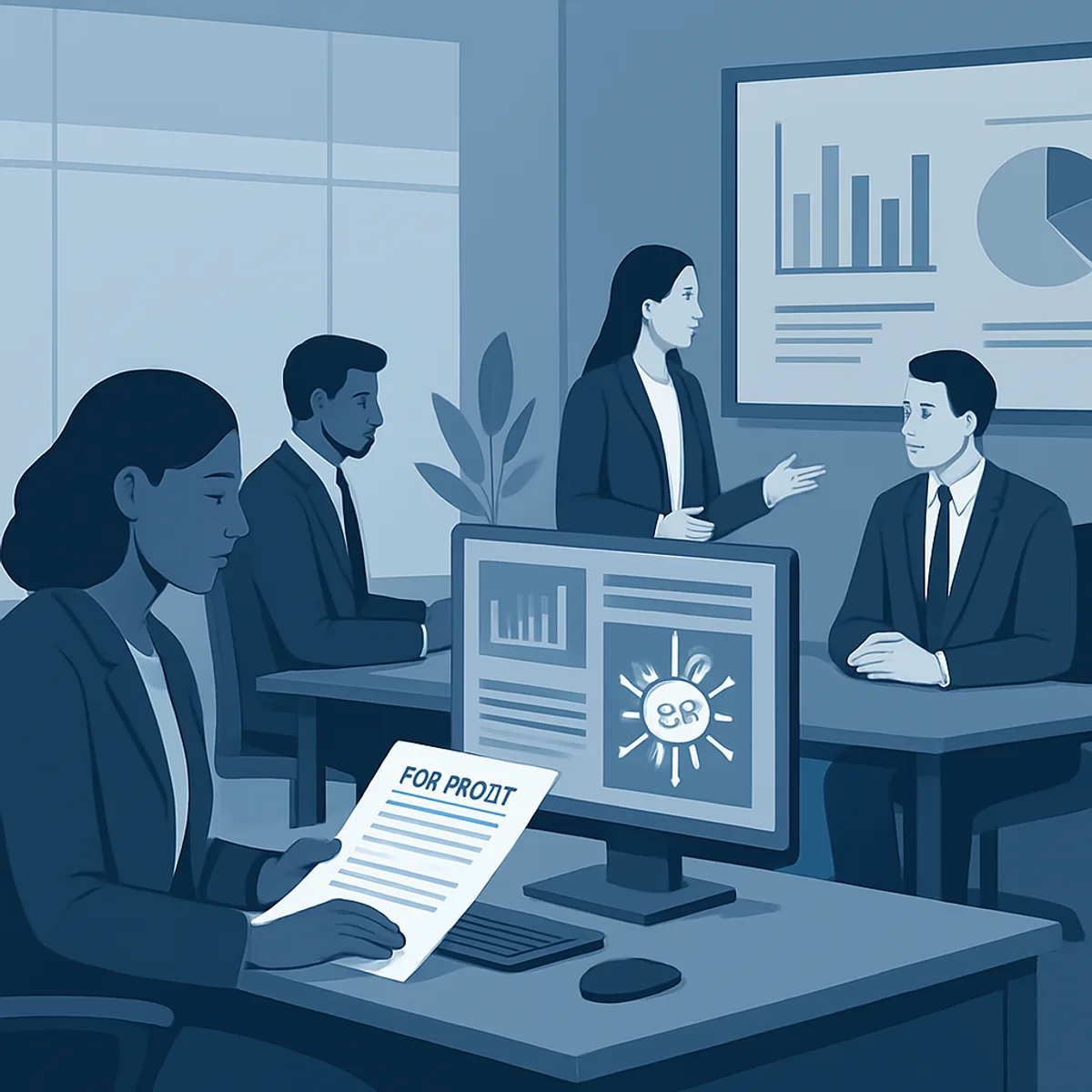 Different artificial intelligence attorney job roles in a modern office