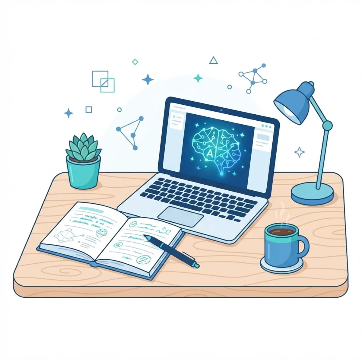 Cozy study desk with notebook, laptop and AI brain icon