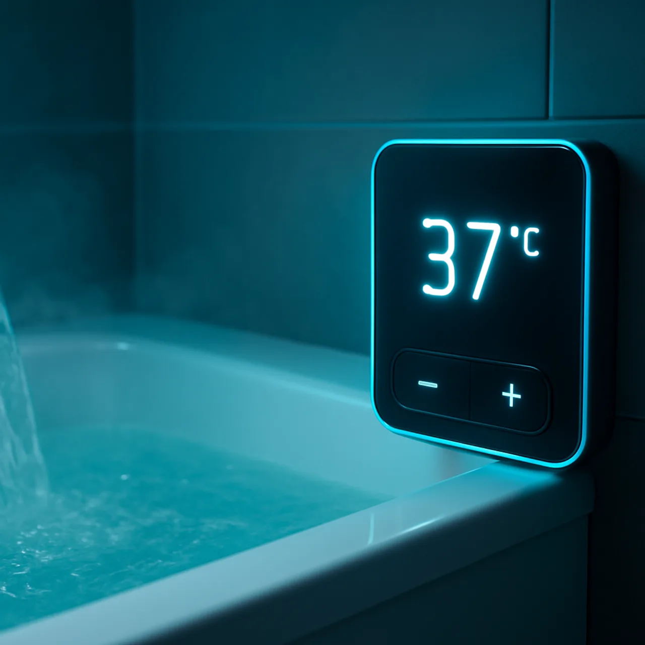 Digital bathtub temperature control panel with glowing readouts
