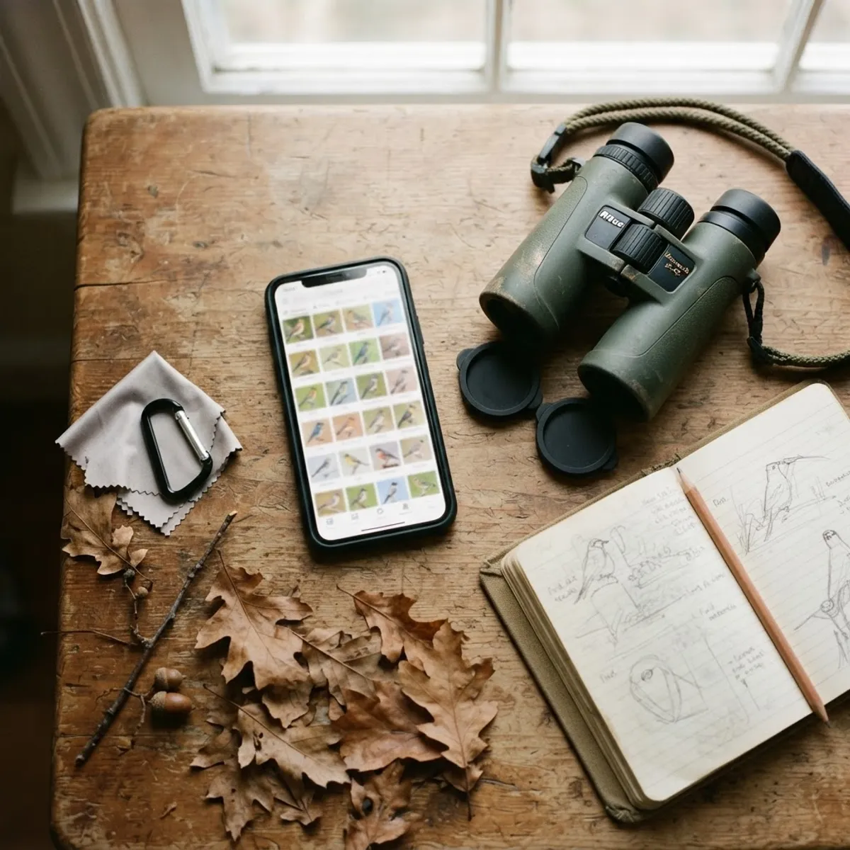 Bird identification apps and birding gear laid out on a wooden table