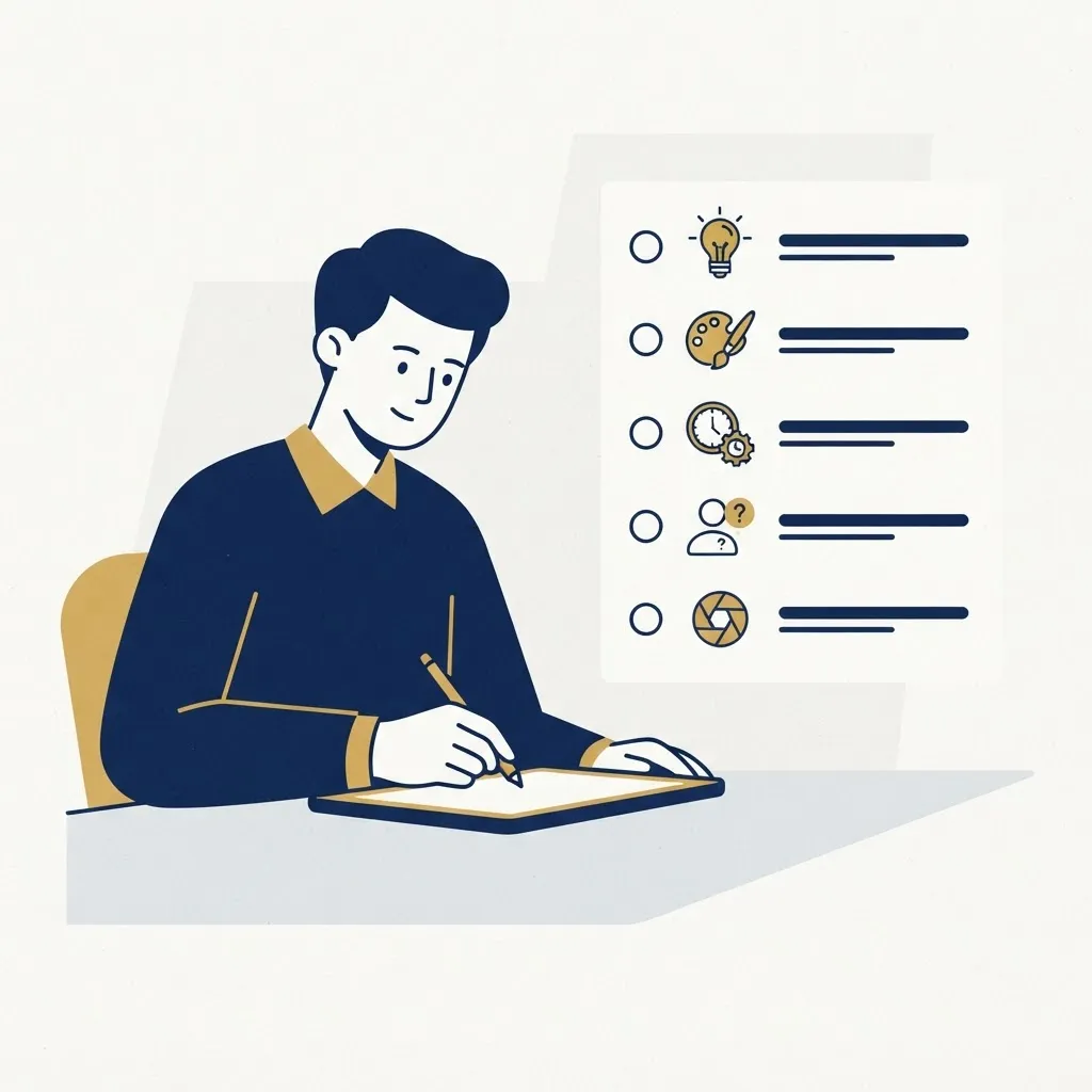 Person writing a detailed AI prompt at a desk with a floating checklist of prompt ingredients