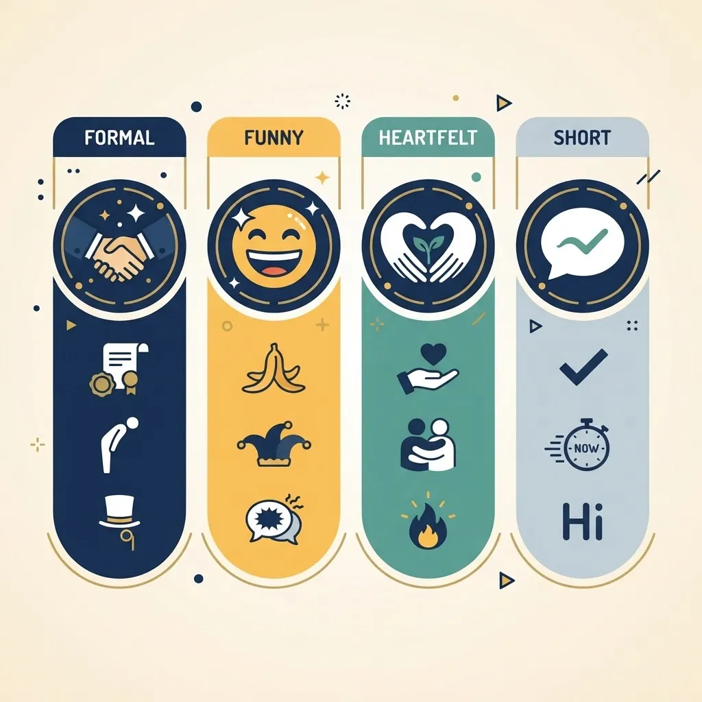 Infographic comparing four greeting tones as coloured columns: formal, funny, heartfelt and short