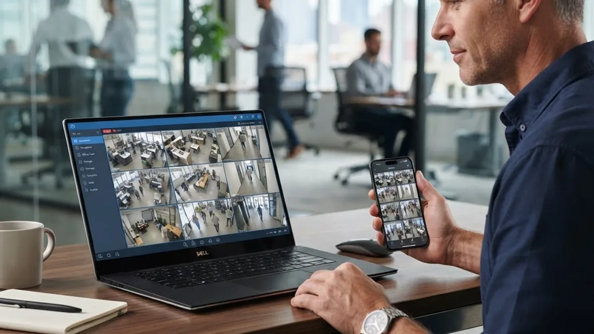 Business owner viewing cloud camera feeds remotely