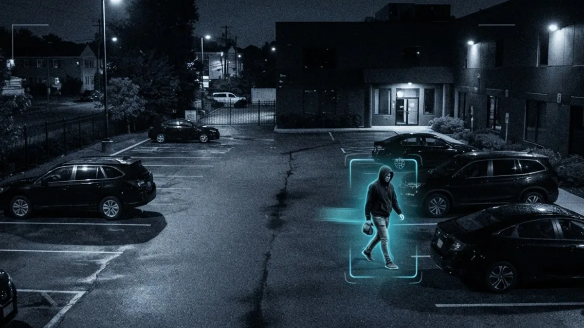 Night vision AI camera detecting a threat in a parking lot