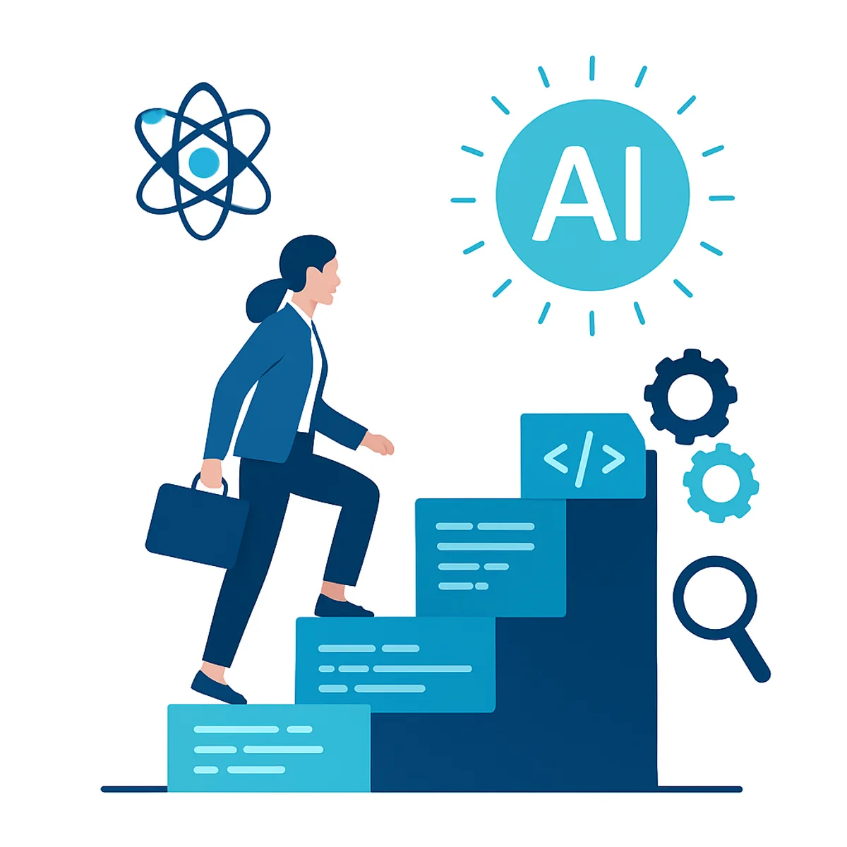 AI career in computer science illustration with a person climbing code-block stairs