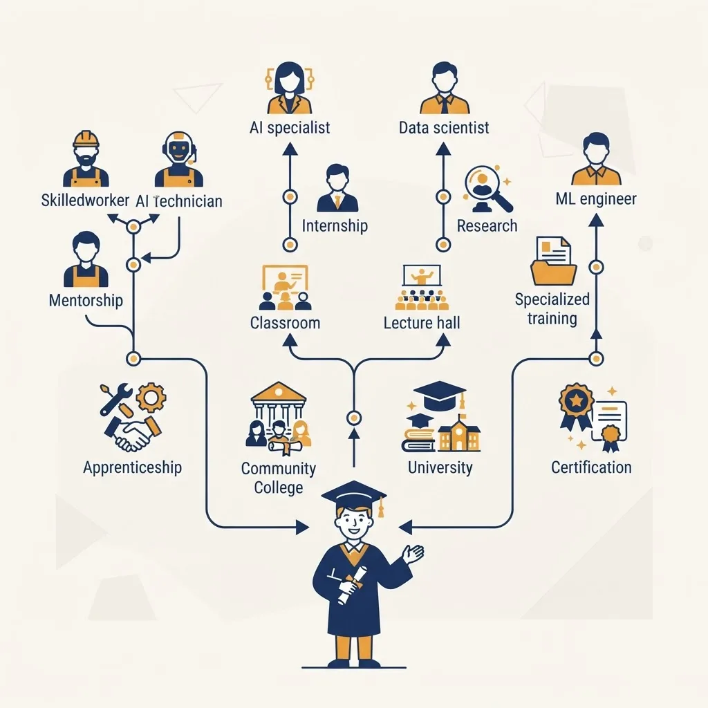 Branching career pathway diagram showing apprenticeship, community college, university and certification routes in AI