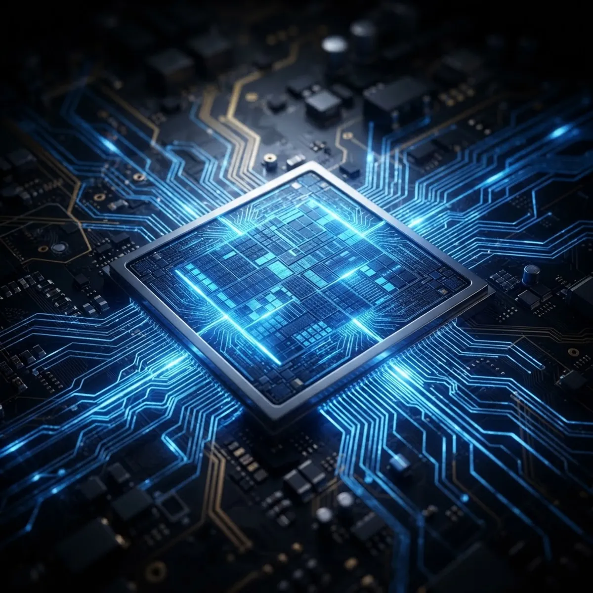 Next-generation AI accelerator chip glowing with circuits