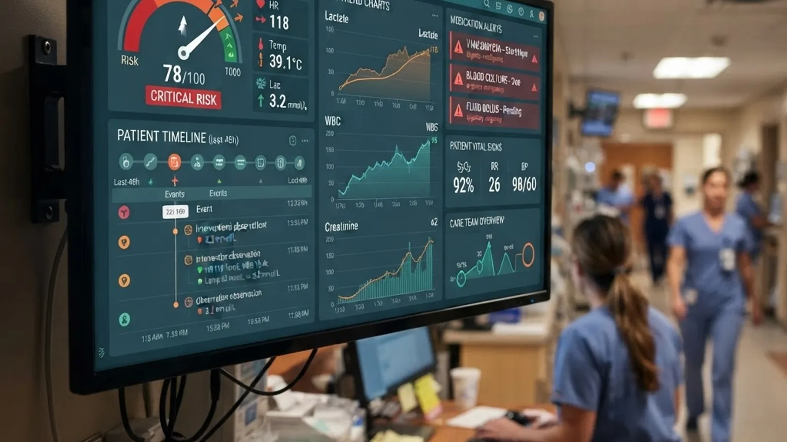 Clinical decision support dashboard showing patient risk scores and lab trends