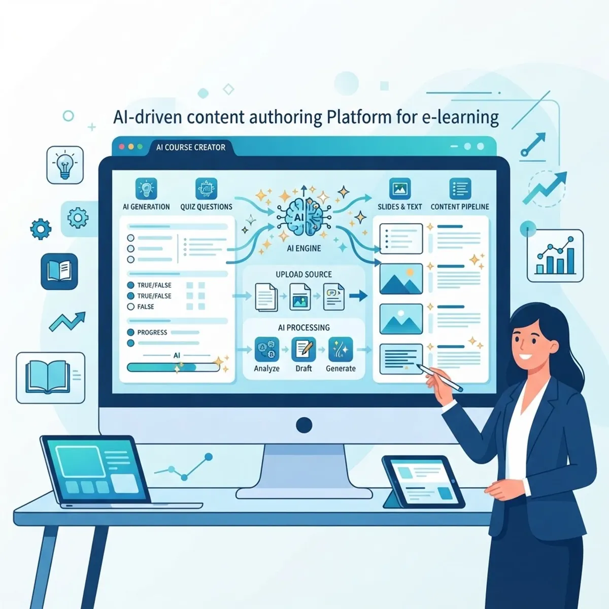 AI content authoring tool generating quizzes and slides