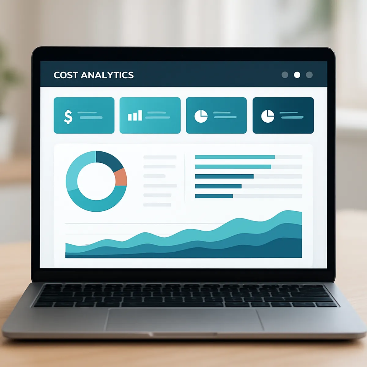 Clean AI cost analytics dashboard interface on a laptop