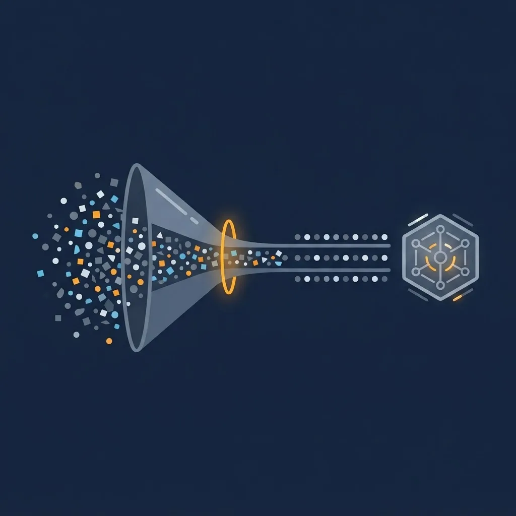 Messy data funneling through a bottleneck into a clean structured output