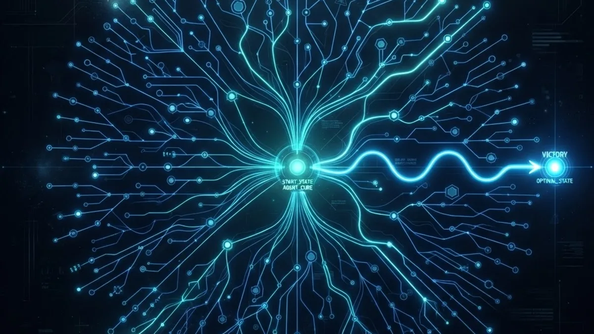 AI decision tree showing branching game moves with a highlighted optimal path