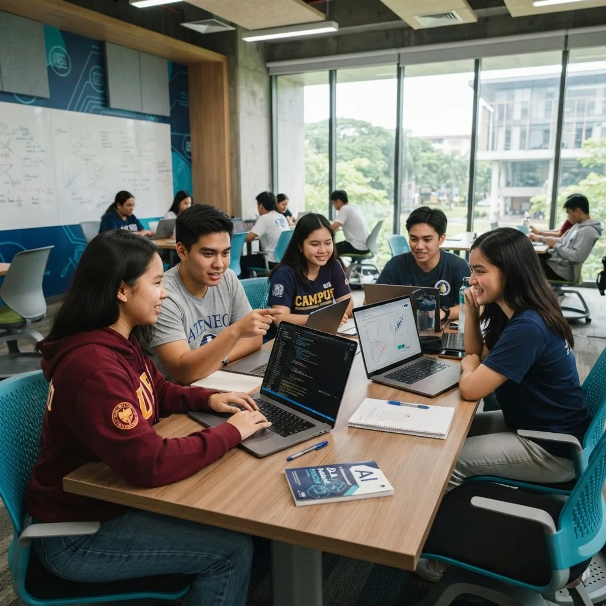 Filipino university students in a modern classroom learning artificial intelligence