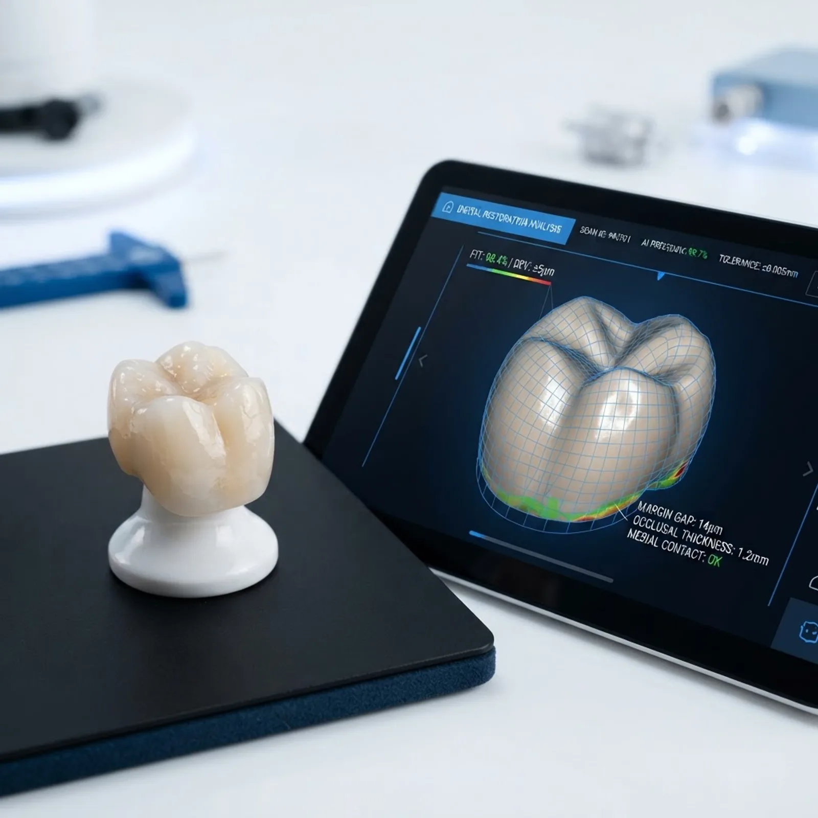 Ceramic crown next to a precise 3D digital model