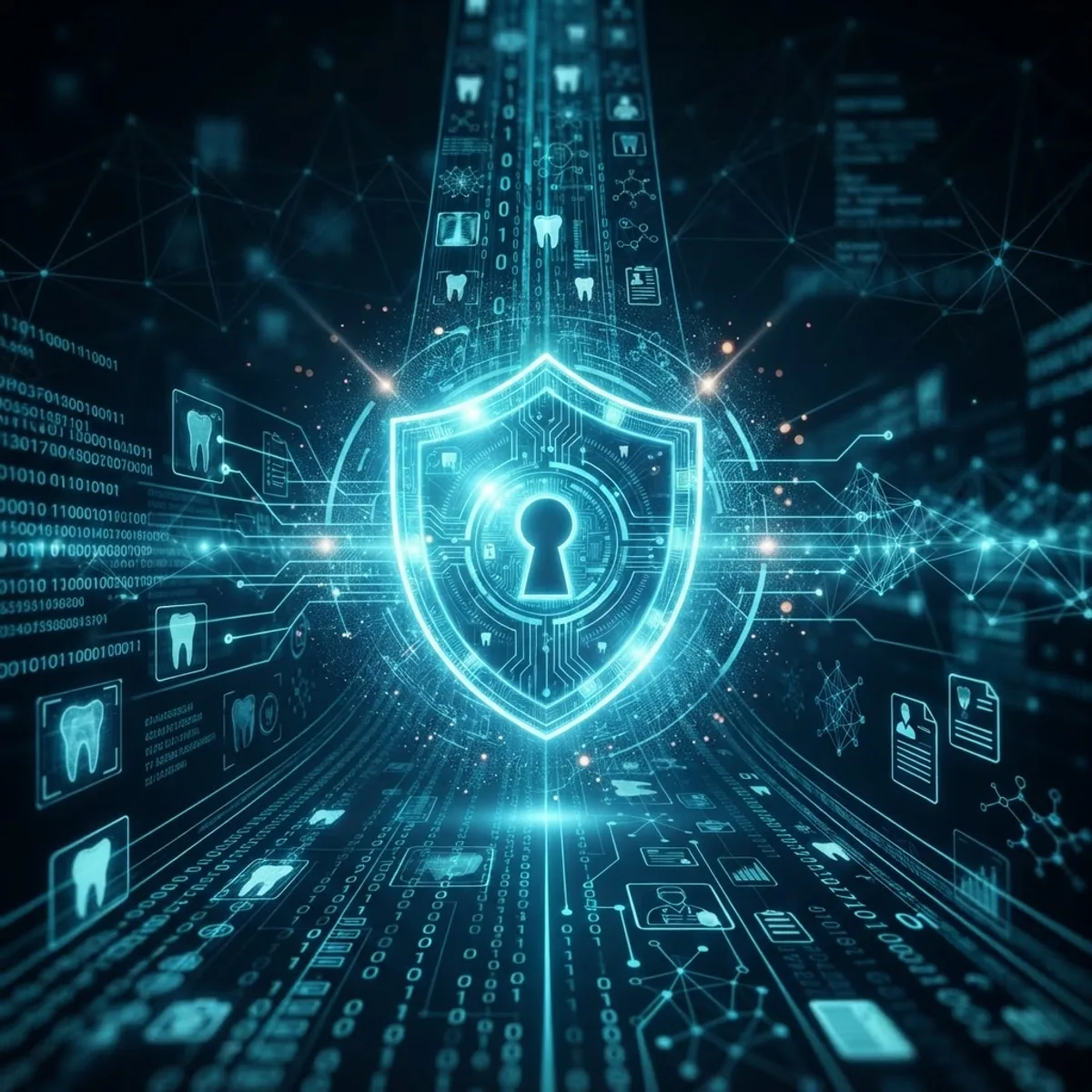 AI dentistry data security with a digital shield protecting patient data