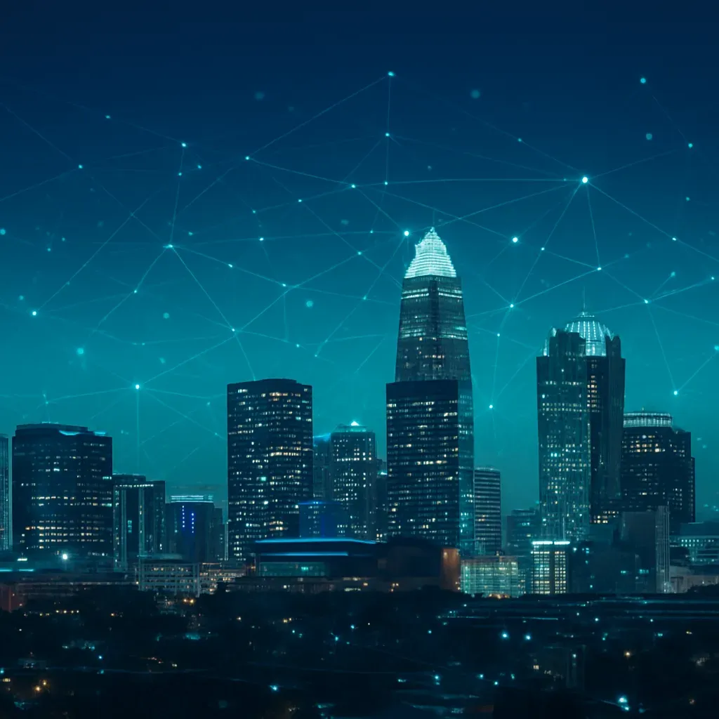 Charlotte skyline with AI data overlay