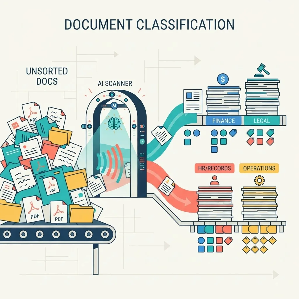 Unsorted PDF files being automatically classified into labeled category stacks with colored tags