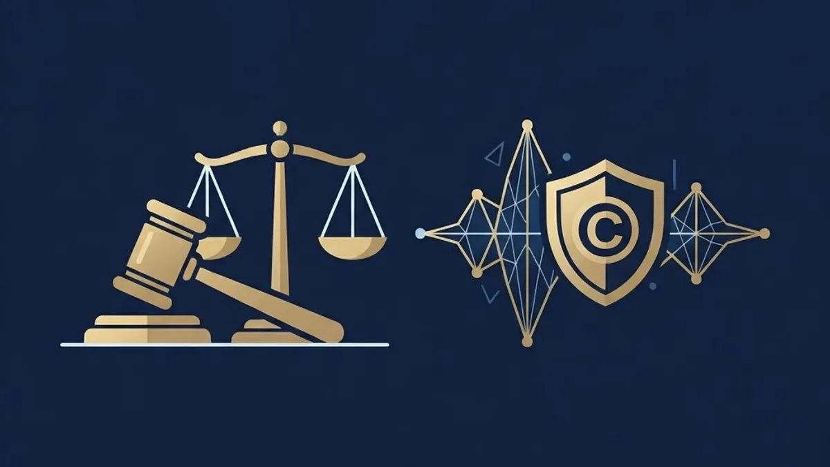 Music copyright, AI law, gavel and sound wave illustration