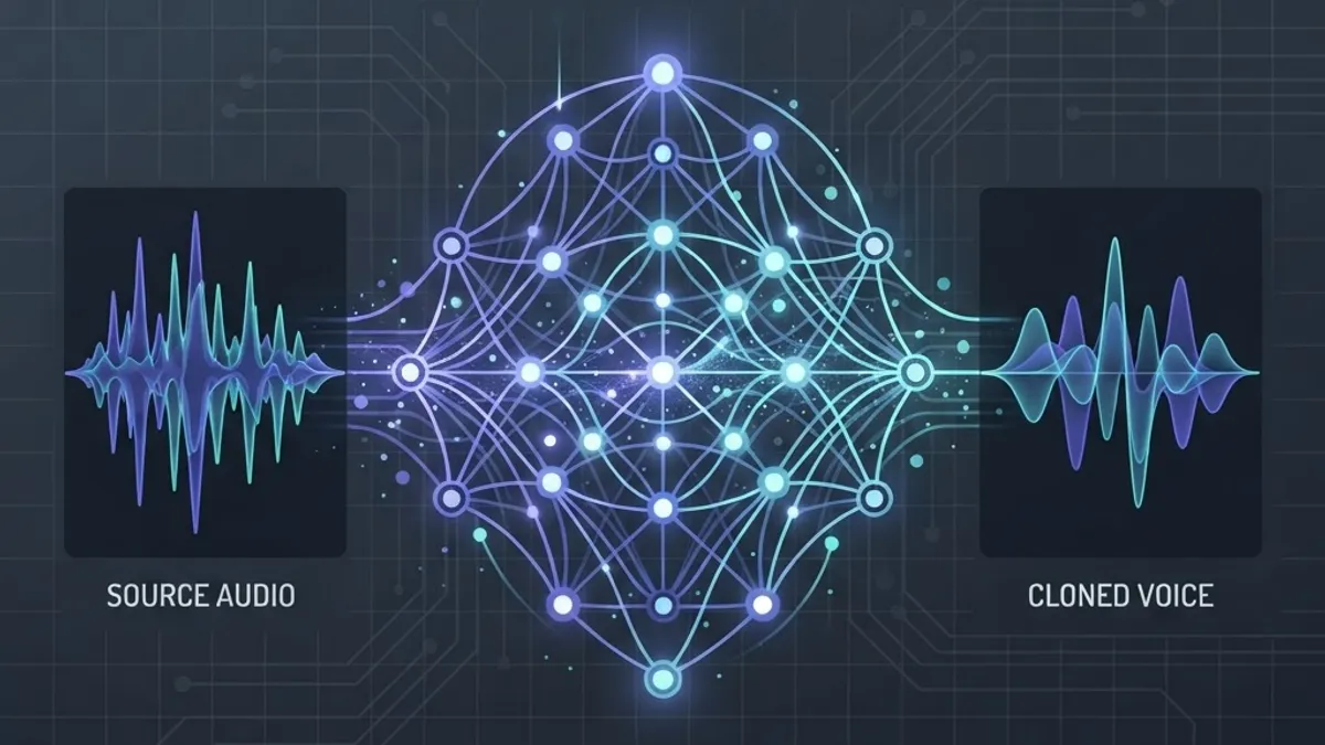 AI voice cloning explained with waveform and neural network diagram