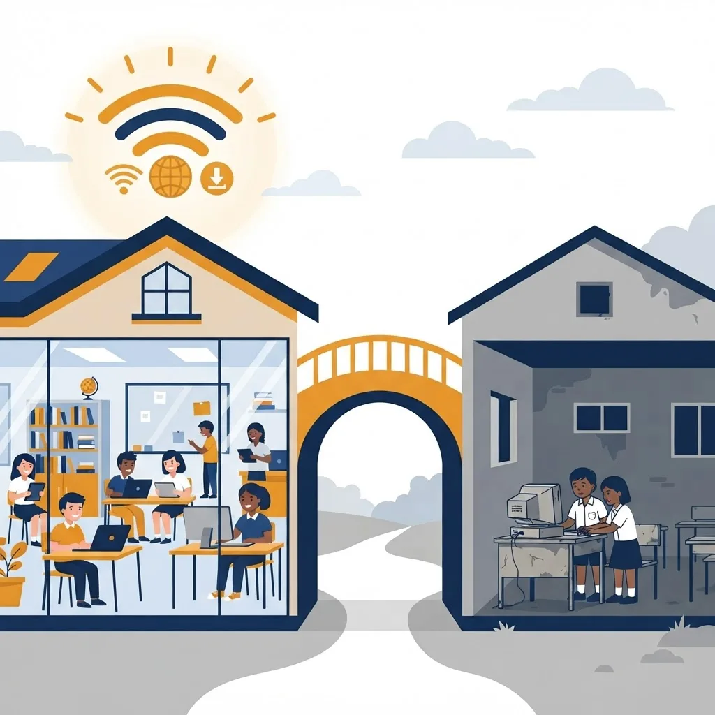 Comparison of a well equipped school and an under resourced school connected by a bridge