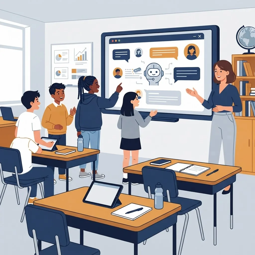 Diverse American high school students collaborating around laptops with a neural network diagram on a classroom screen