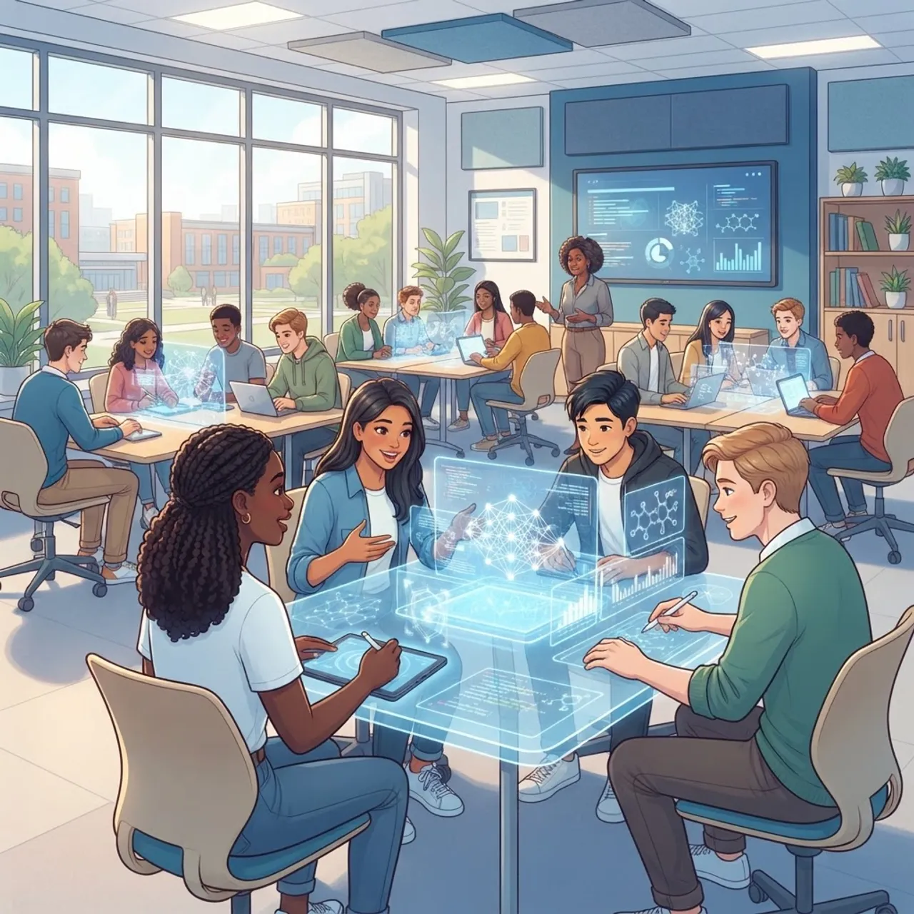 AI-powered modern American classroom with students