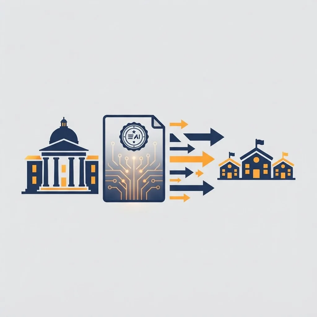 Government building beside a policy document with circuit motif and arrows toward school icons