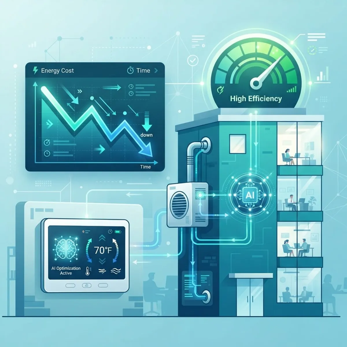 AI optimizing HVAC energy efficiency with cost savings gauge