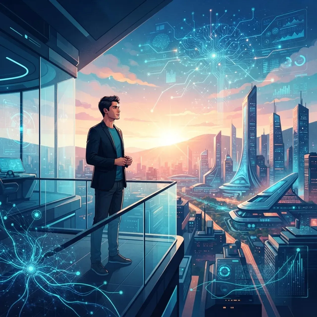 AI entrepreneur looking toward a bright future city skyline