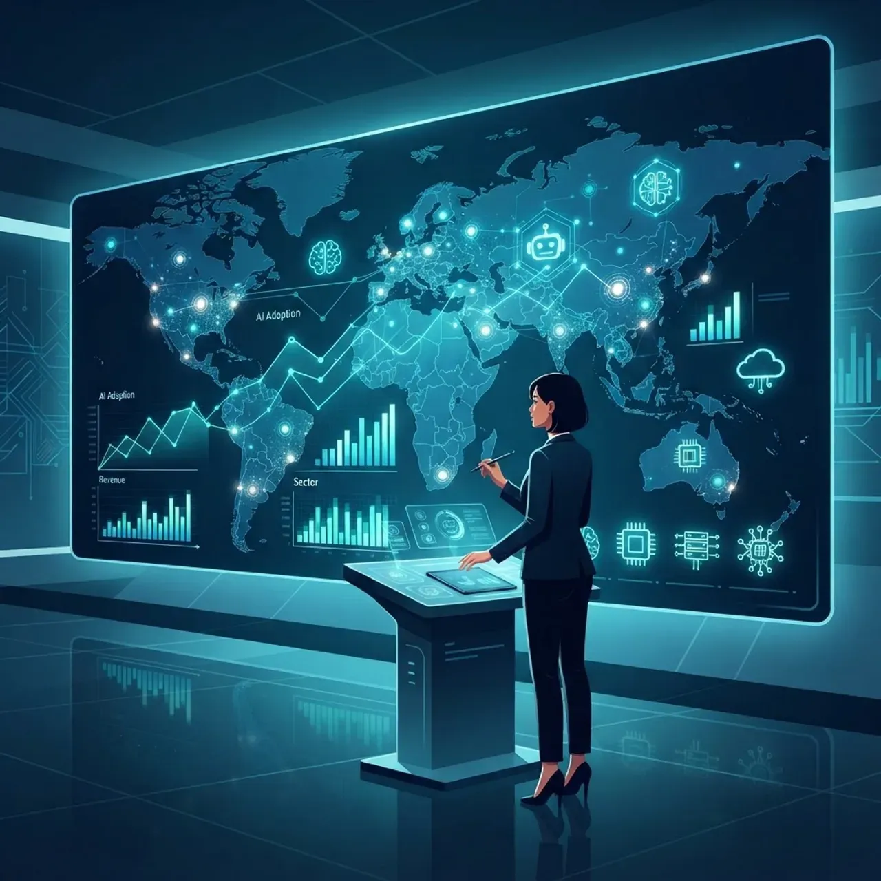 AI market trends analysis with global data points and graphs