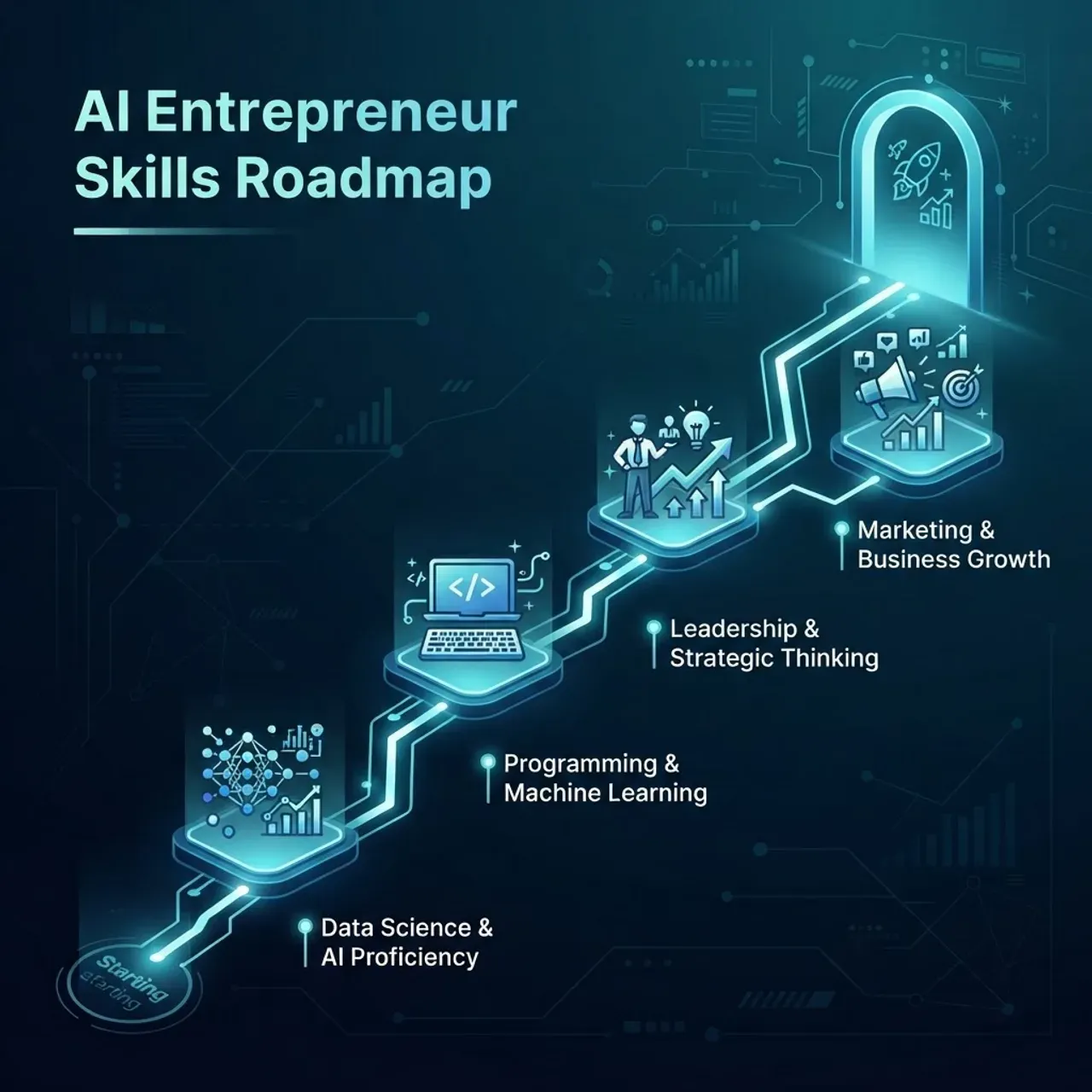 AI entrepreneur skills roadmap with milestone icons