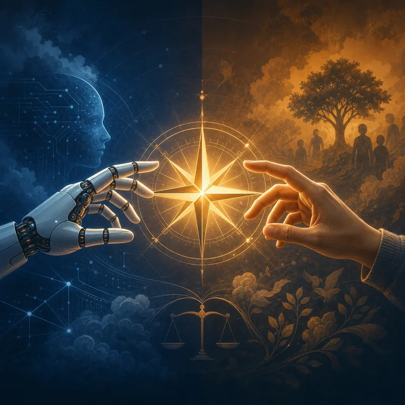 Robotic hand and human hand reaching toward a glowing moral compass