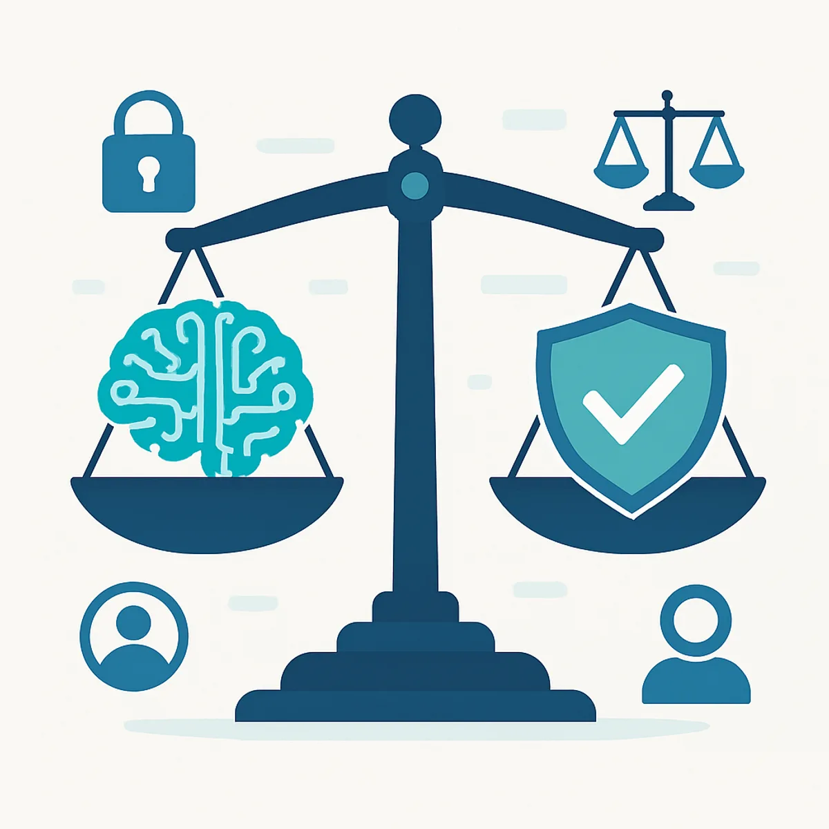 AI ethics in computer science illustration with a balanced scale and privacy shield