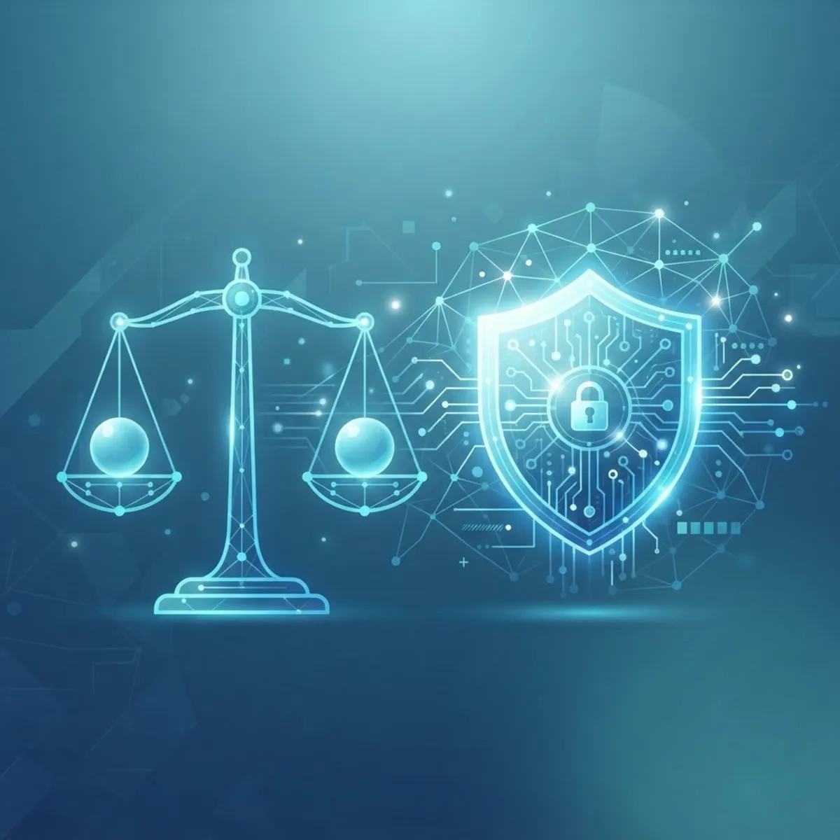 AI ethics and trust with a balance scale and digital shield