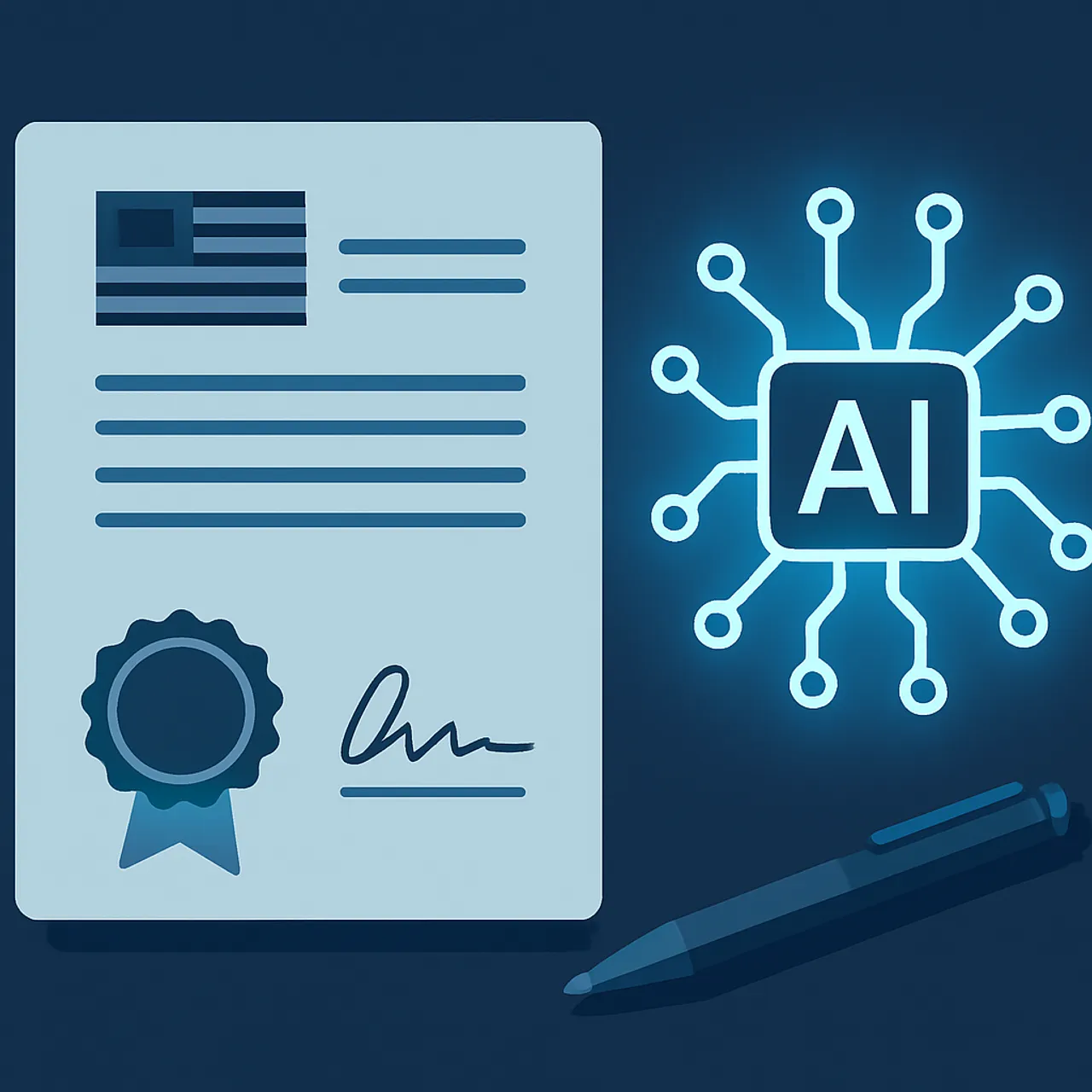 Illustration of a US executive order on artificial intelligence with seal and pen