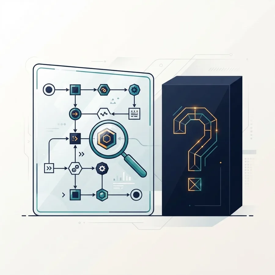 Transparent decision chain under a magnifying glass beside an opaque black box