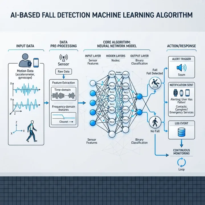 AI fall detection machine learning algorithm flow diagram