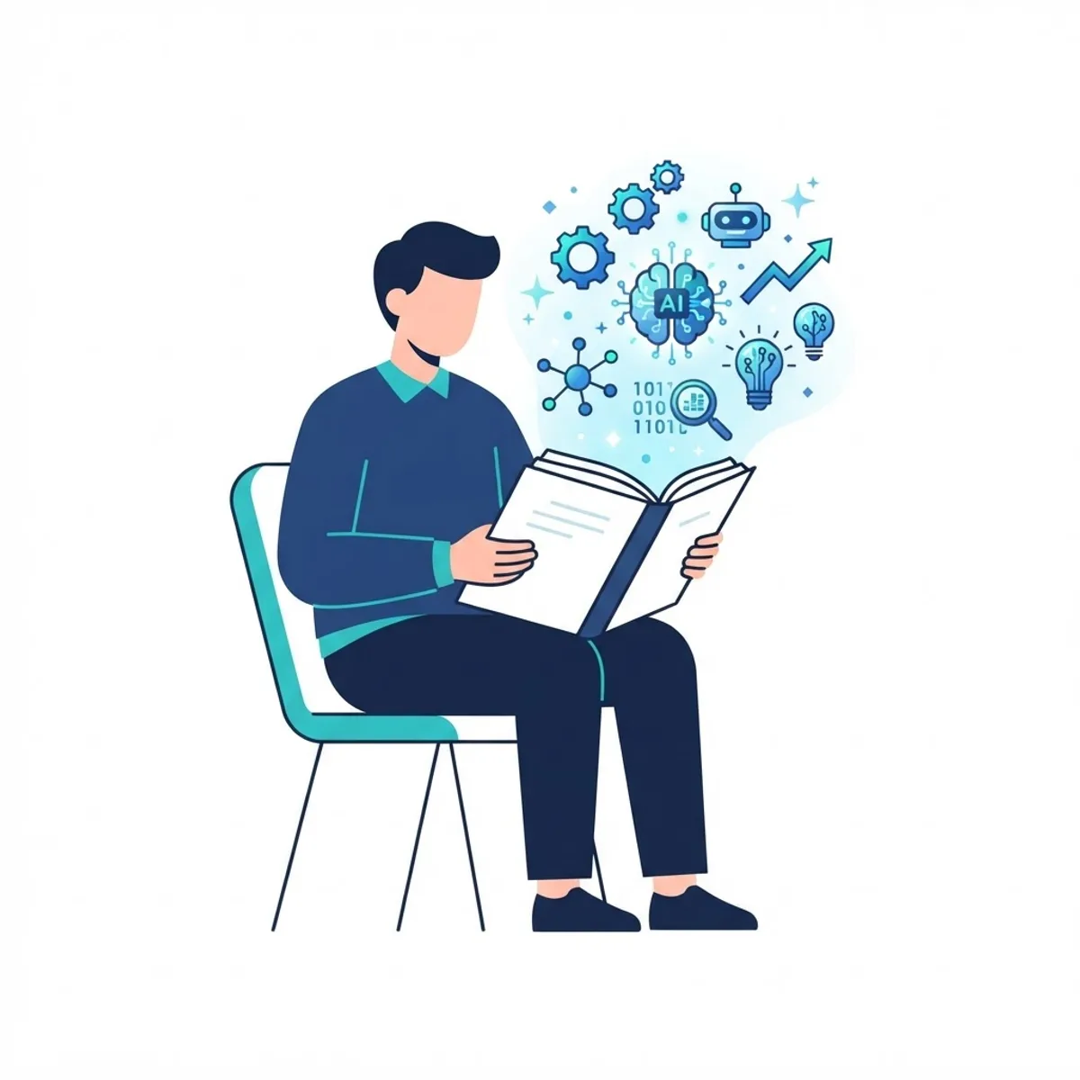 Person reading an open book with floating AI icons
