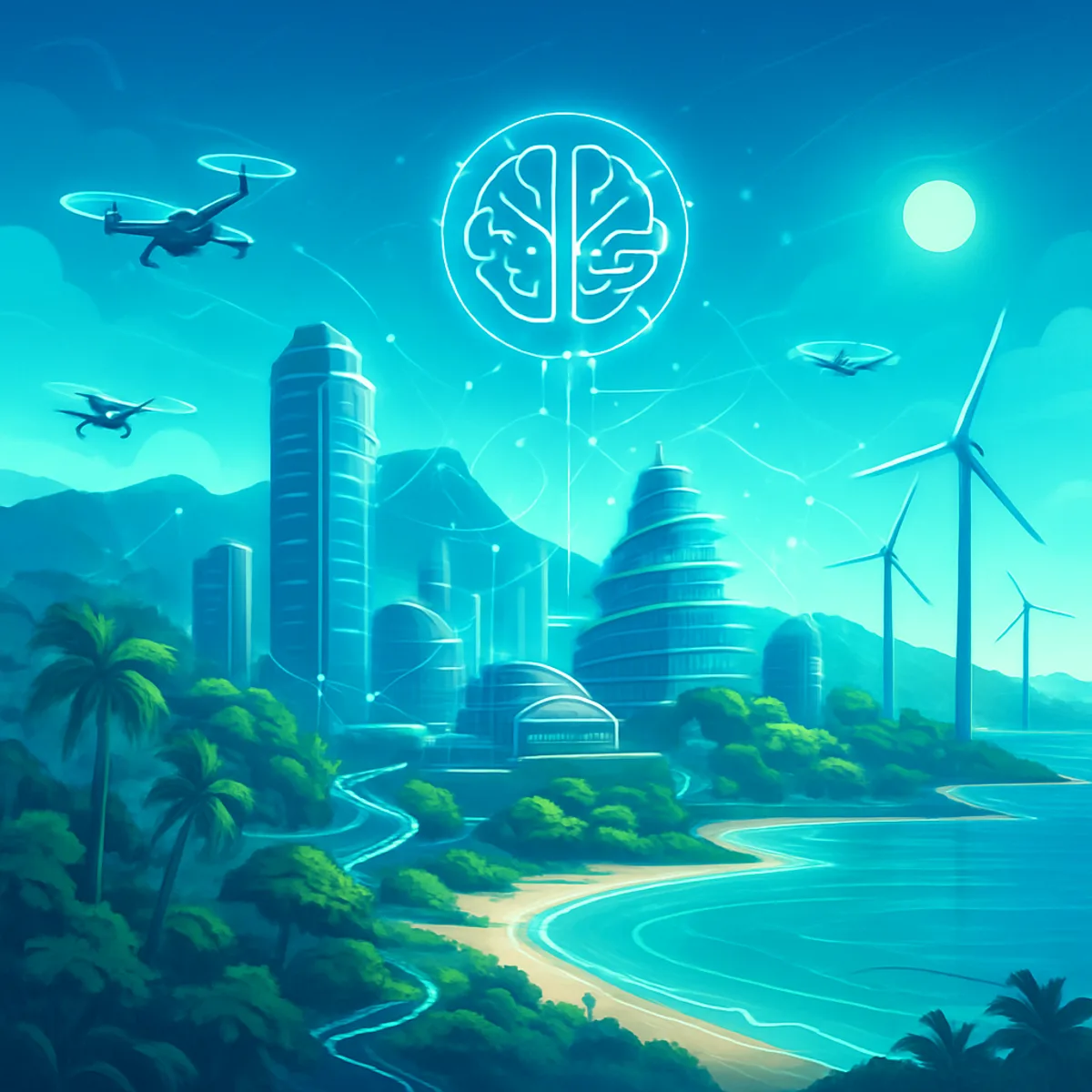 Futuristic sustainable smart island city in Hawaii powered by AI