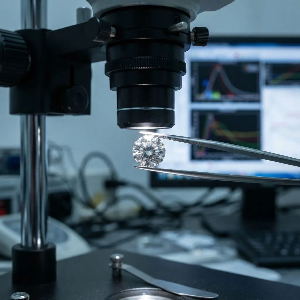 Loose diamond held in tweezers under a laboratory inspection lens