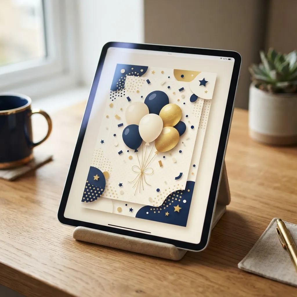 AI generated digital birthday card design displayed on a tablet with confetti and balloon motif
