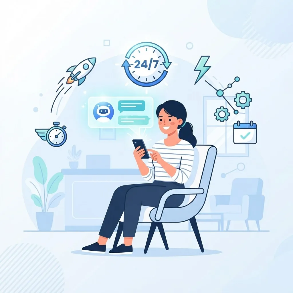 Illustration of AI hospitality benefits including speed and 24/7 service