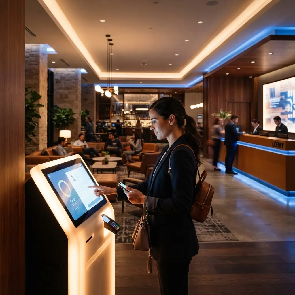 Guest using an AI kiosk in a modern hotel lobby